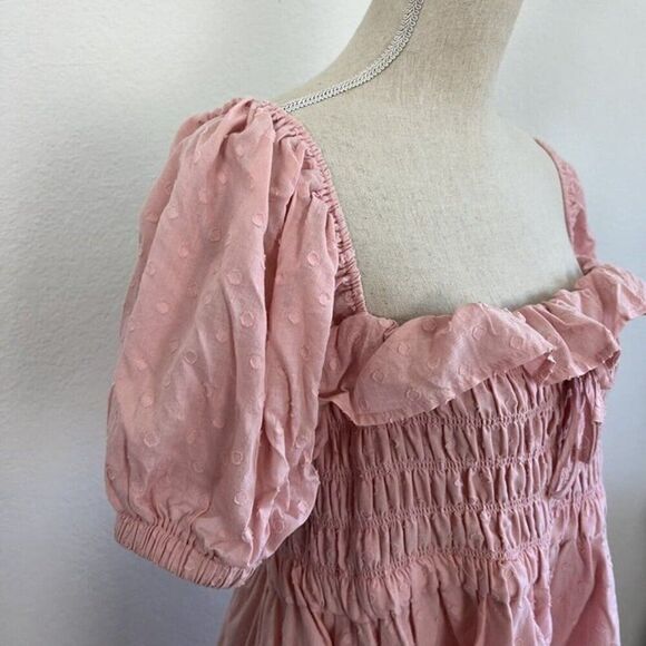 R.Vivimos Baby Pink Swiss Dot Cotton Puff Sleeve Ruffled Swing Mini Dress XL NWT - Picture 10 of 10